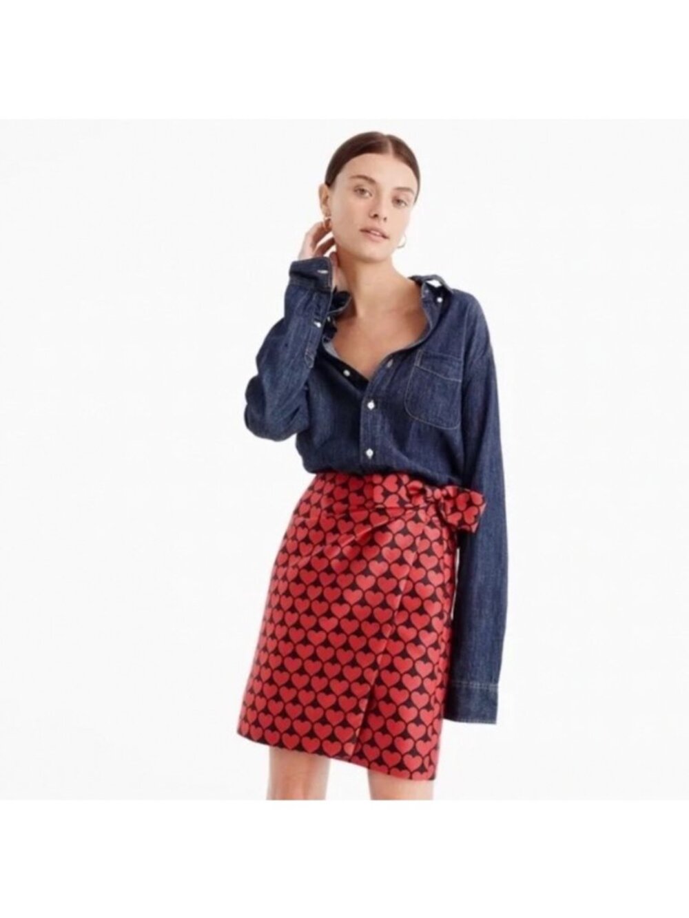 J. Crew Red & Black Heart Print Bow-Detail Skirt Size 12 New With Tags